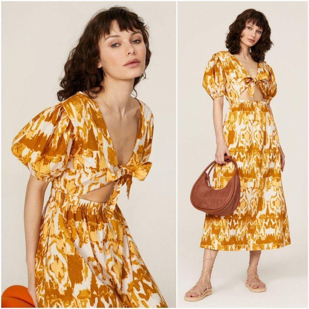 Cleobella Sadie Puff Sleeve Tie Front Yellow Watercolor Ikat Print Midi Dress S